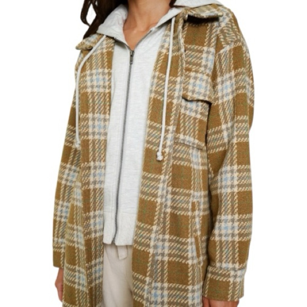 Mystree Twofer Tan Blue Cream Plaid Long Women’s Hooded Jacket New - Size Medium - Picture 9 of 9